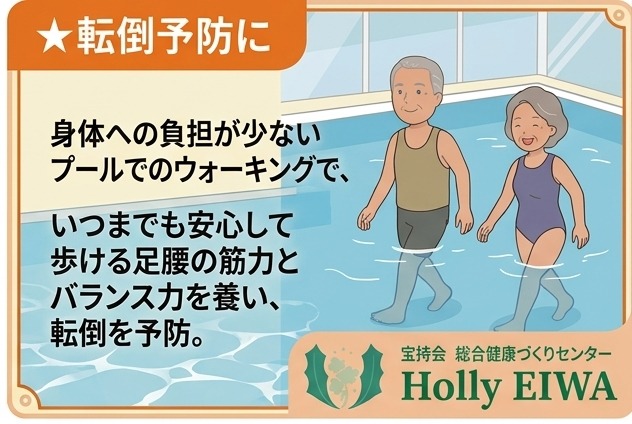 転倒予防に。身体への負担が少ないプールでのウォーキングで、いつまでも安心して歩ける足腰の筋力とバランス力を養い、転倒を予防。