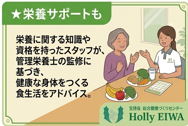 栄養サポートも。栄養に関する知識や資格を持ったスタッフが、管理栄養士の監修に基づき、健康な身体をつくる食生活をアドバイス。